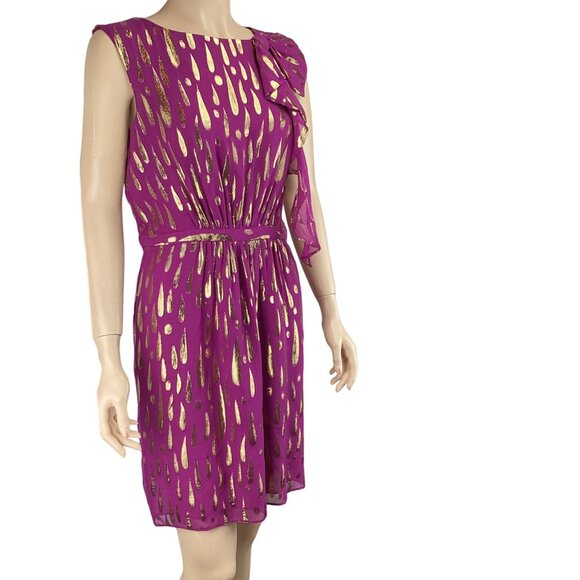 Milly  New York Dress Size 8 Purple &‎ Gold Metallic Silk Blend W/ Bow Accent - Picture 4 of 9